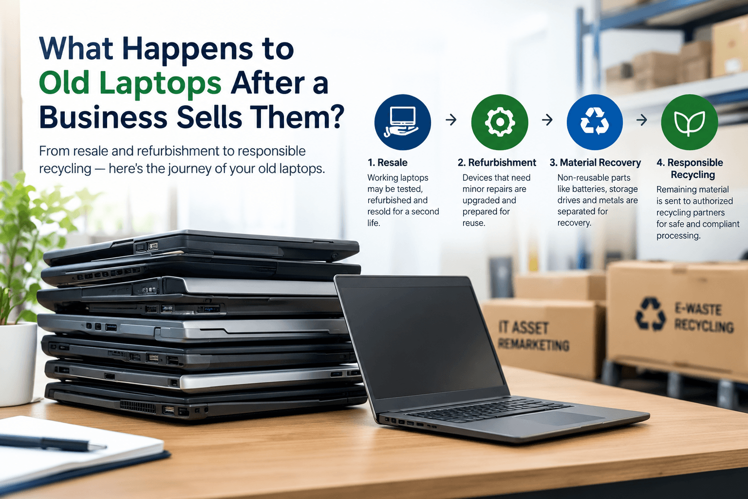 Old business laptops prepared for IT asset recovery and responsible e-waste processing