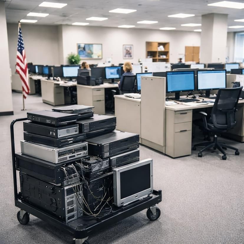 Office equipment and fixtures prepared for an office clearance project
