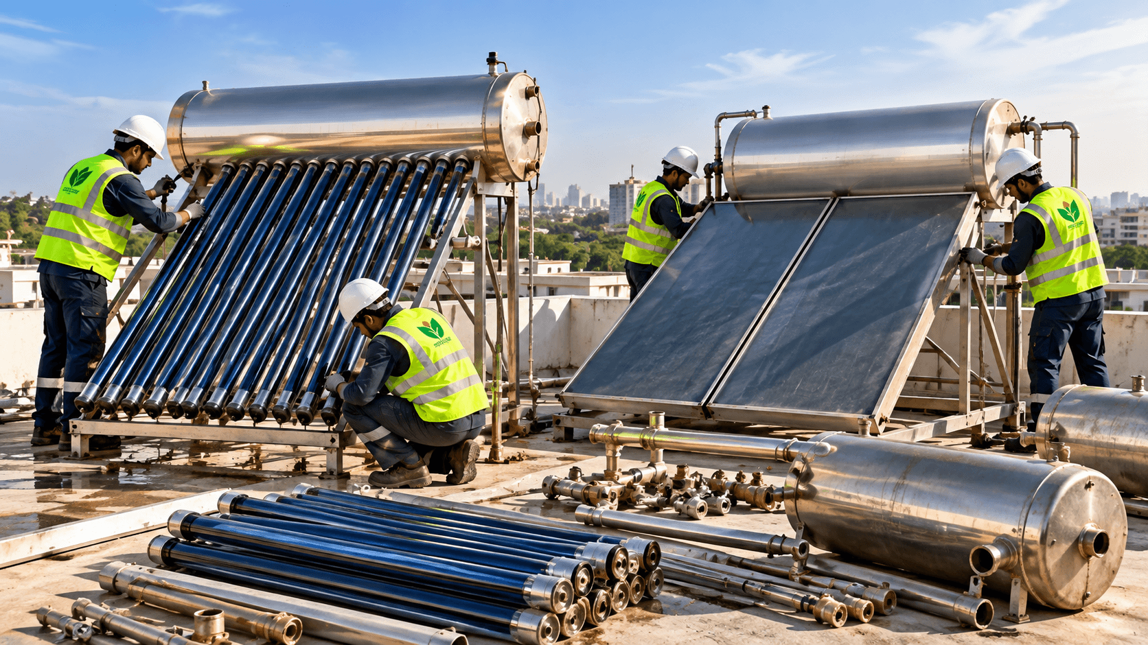 Solar water heating installation with collectors and storage tanks